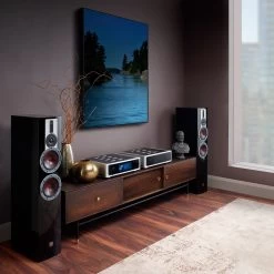 NAD Masters Series M23 HybridDigital Stereo Power Amplifier -Audio Bliss Boutique NADM23M33onWoodCabinetwithDaliTowersWideSide Facebook 2048x2048 1