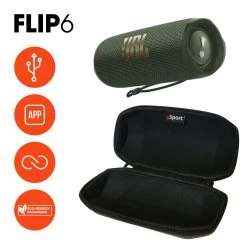 JBL FLIP 6 Portable Waterproof Speaker With GSport Carbon Fiber Case -Audio Bliss Boutique gSport Flip6 Bundle Info Green