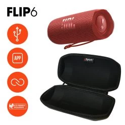 JBL FLIP 6 Portable Waterproof Speaker With GSport Carbon Fiber Case -Audio Bliss Boutique gSport Flip6 Bundle Info Red