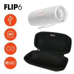 JBL FLIP 6 Portable Waterproof Speaker With GSport Carbon Fiber Case -Audio Bliss Boutique gSport Flip6 Bundle Info White